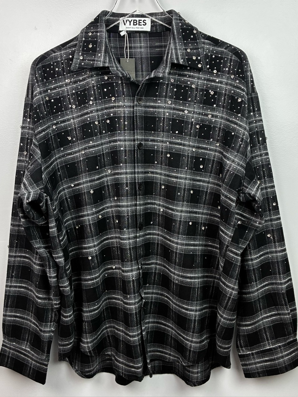 Vybes NWT Black Rhinestones Plaid Shirt